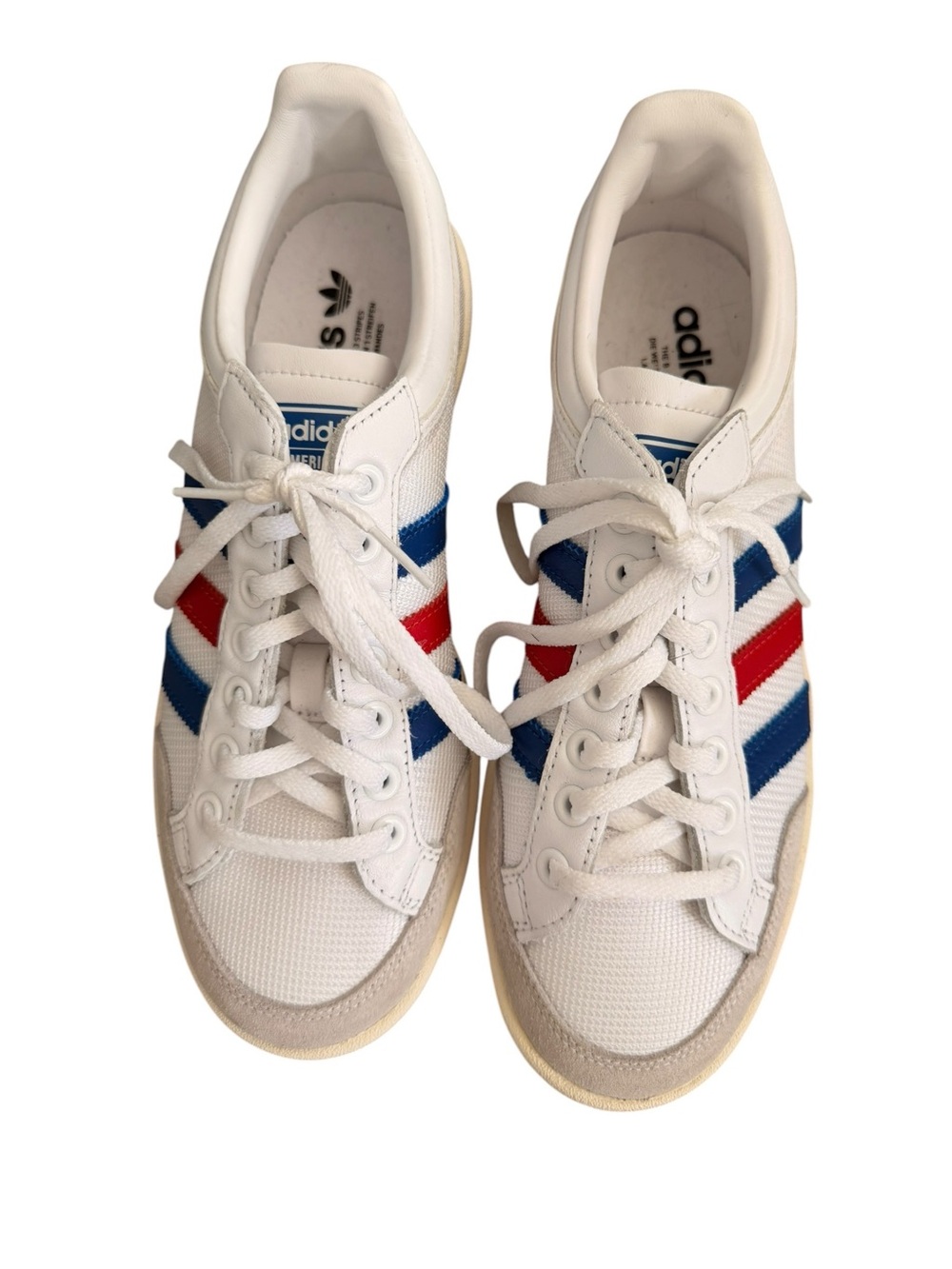 adidas White Athletic Shoes with Blue & Red Stripes